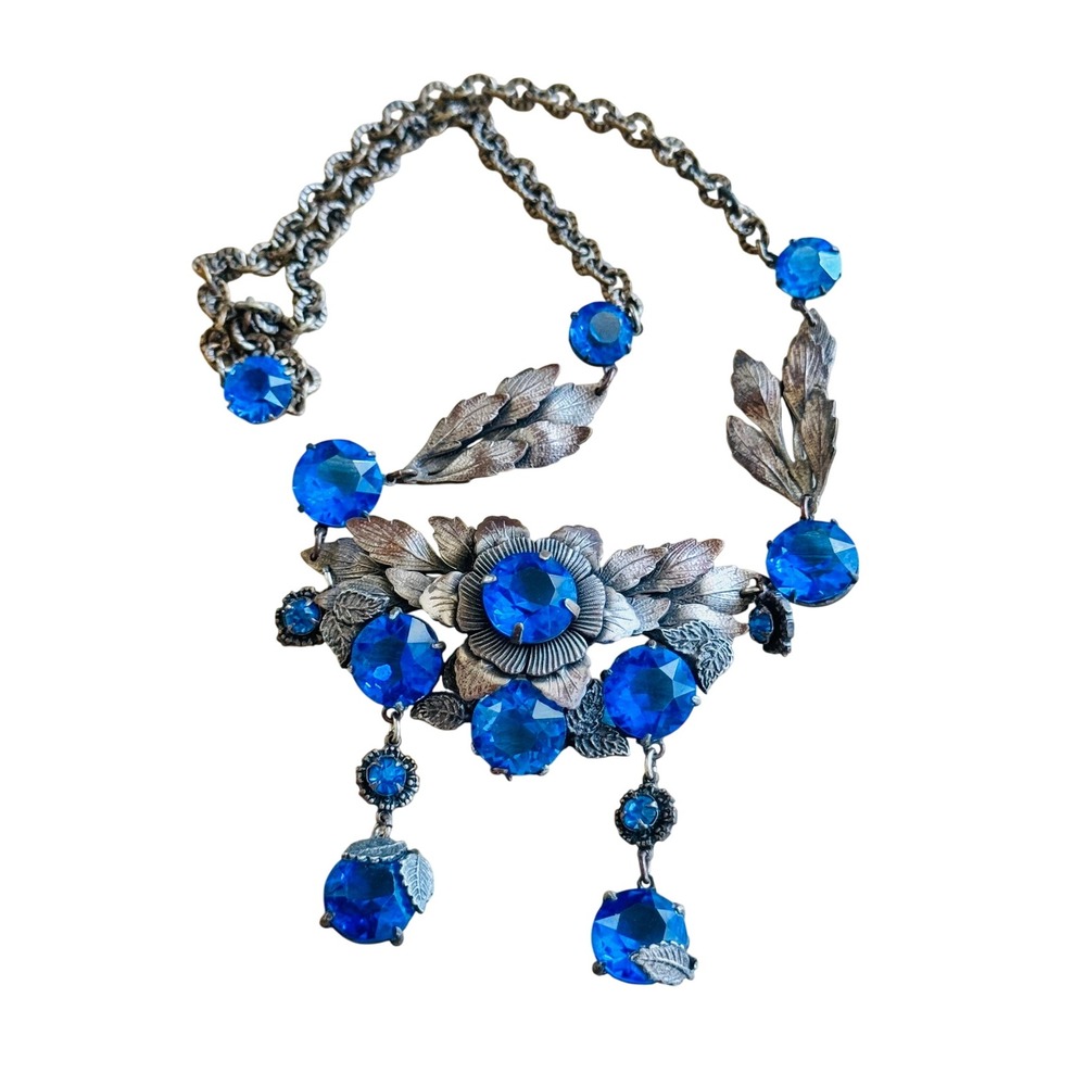 VTG Art Deco Czech Floral Rose Necklace Deep Blue Rhinestone Regency Victorian